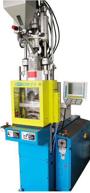 The illustration shows the Boy 22 MVV injection molding machine viewed from the righthand side with operating display. 