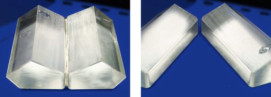 Shown are two bonded prisms (left), which have been gently debonded by the developed process (right). 