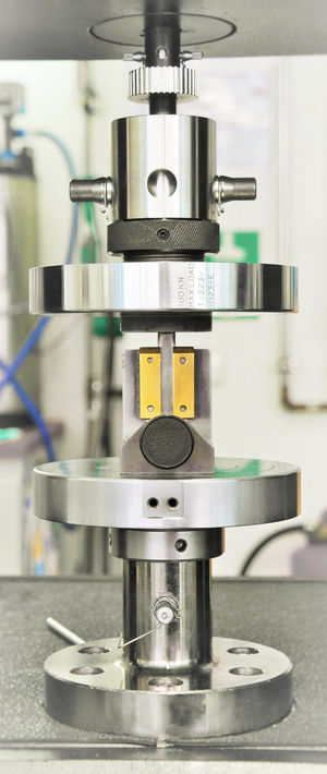 Abbildung einer Universalprüfmaschine mit Prüftellern und eingelegtem Prüfwerkzeug für Scherfestigkeitsprüfung