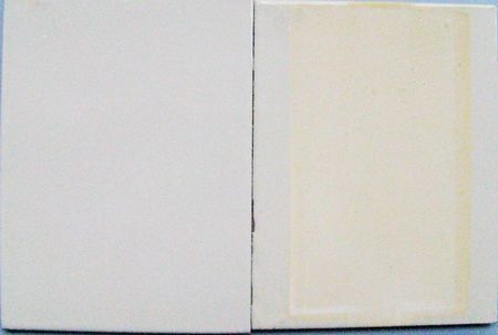 Die Abbildung zeigt zwei mit weißem Epoxidlack beschichtetet Bleche. Das linke Blech ist die Referenz und ist vollständig weiß. Das rechte Blech ist das belastete Blech. Auf dem belasteten Blech ist eine starke Gelbfärbung des Lackes zu sehen. 