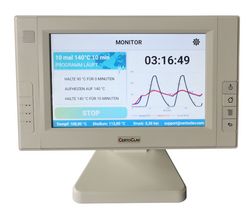 The display of the CertoClav Connect is shown with temperature and pressure indication in text and graphically in relation to the cycle duration.