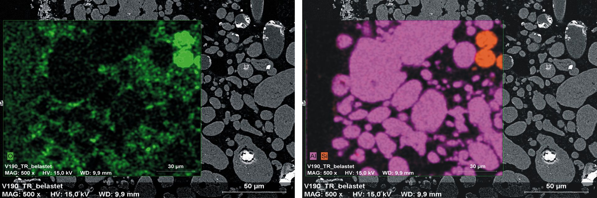Shown is a SEM image of the composite material with mapping of O2 (green), Al (pink) and Si (orange) for distribution analysis.