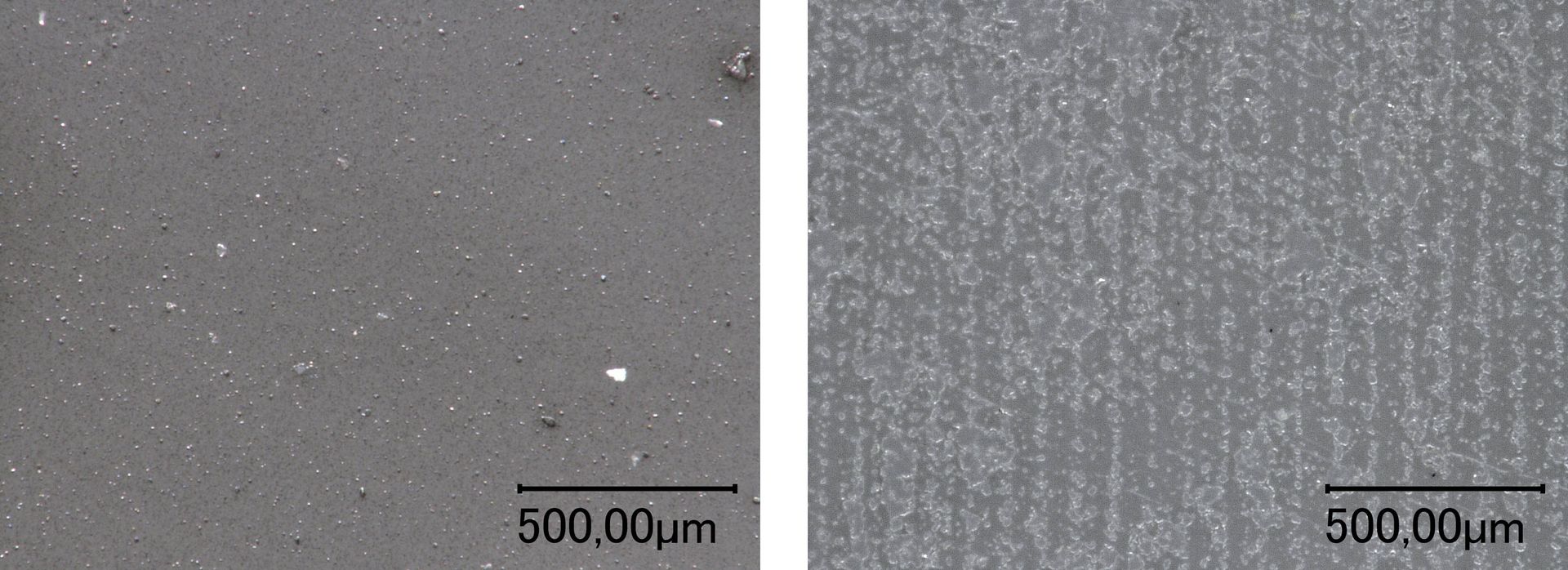 Die mikroskopische Aufnahme von Polyethylen mit Primer vor (links) und nach Laserbehandlung (rechts) sind gezeigt.