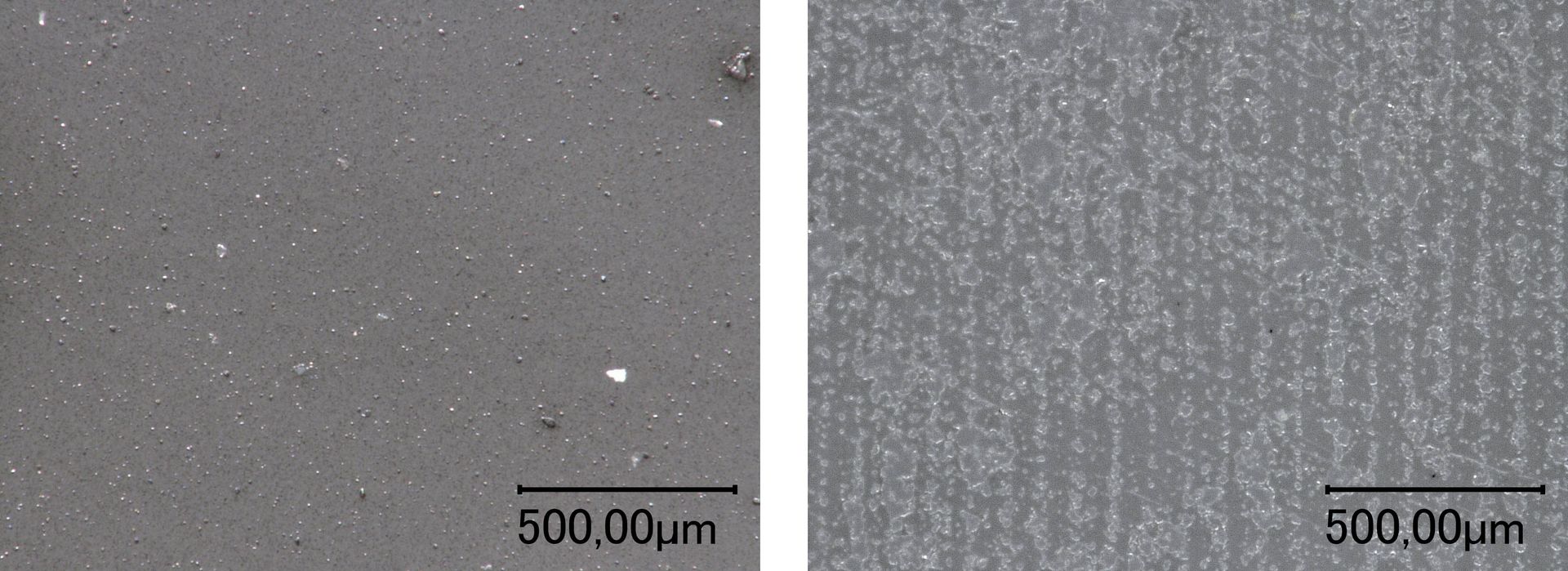 The microscopic image of polyethylene with primer before (left) and after laser treatment (right) are shown. 
