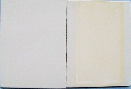 The illustration shows two sheets coated with white epoxy varnish. The left sheet serves as reference and is completely white. The right sheet is the stressed sample. On the stressed sheet a strong yellowing of the varnished surface is visible. 