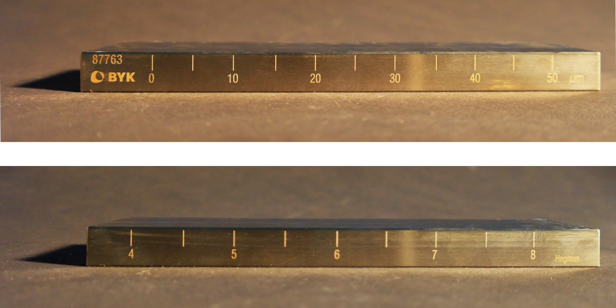 Die Skalen des Grindometers sind dargestellt, wobei einerseits die Zahlen in µm und andererseits in Hegmann-Werten aufgetragen sind.
